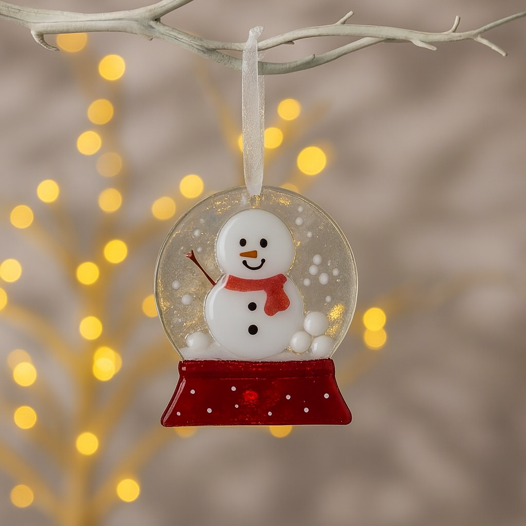 Handmade Fused Glass - Christmas Tree Ornament - Snowman Snow Globe