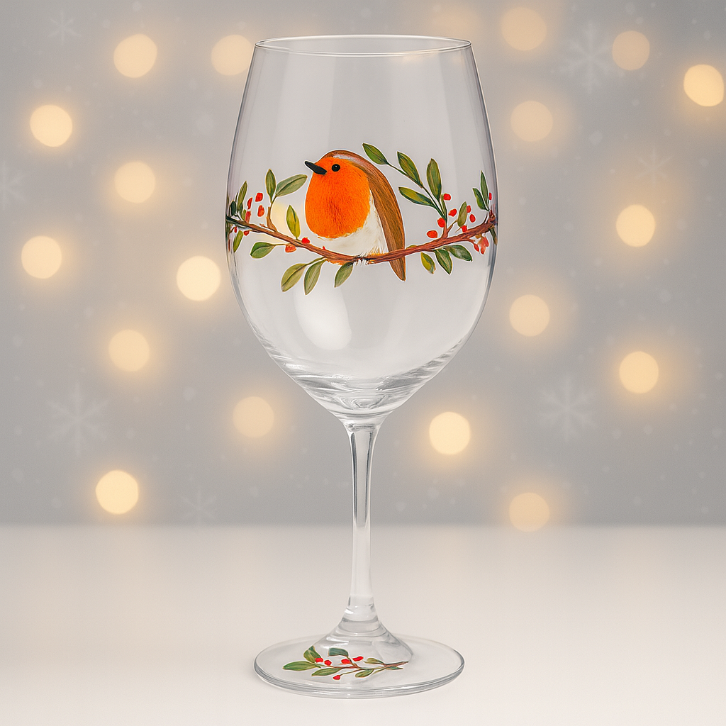 My Favourite Glass Xmas Robin Wine Glass