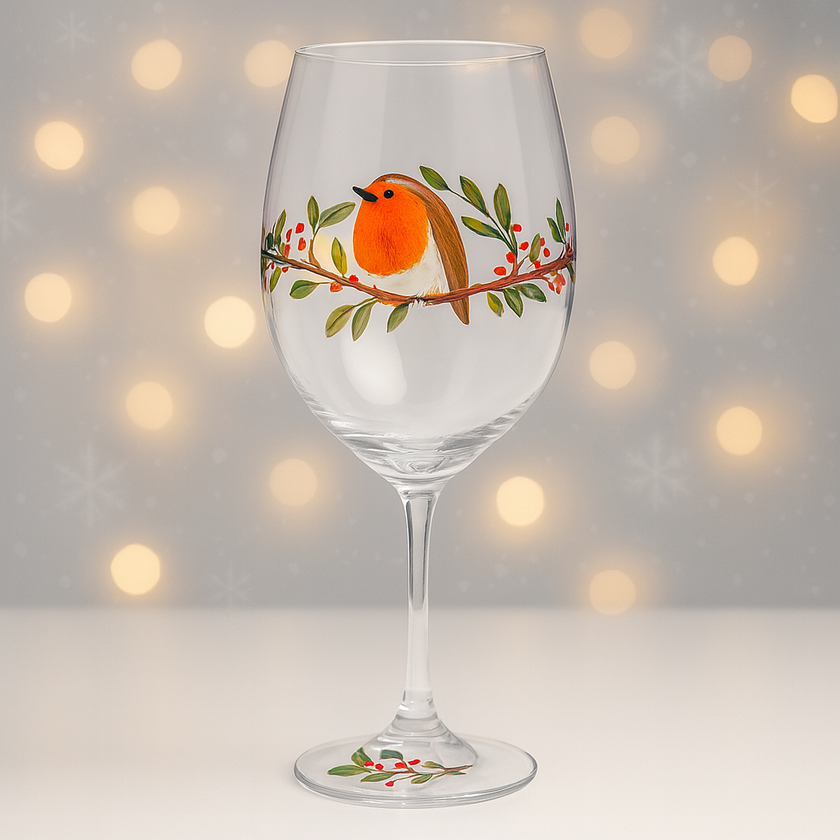 My Favourite Glass Xmas Robin Wine Glass