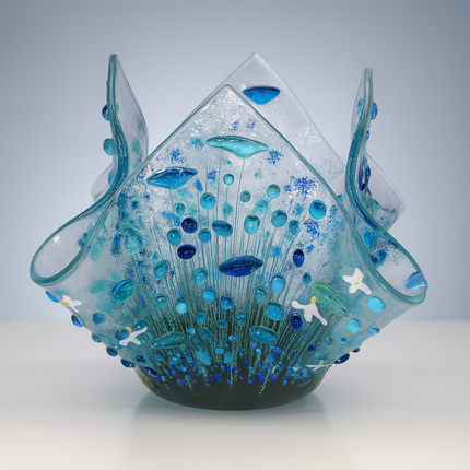 Handmade Fused Glass Tealight Holder – Cornflower Design (Small)