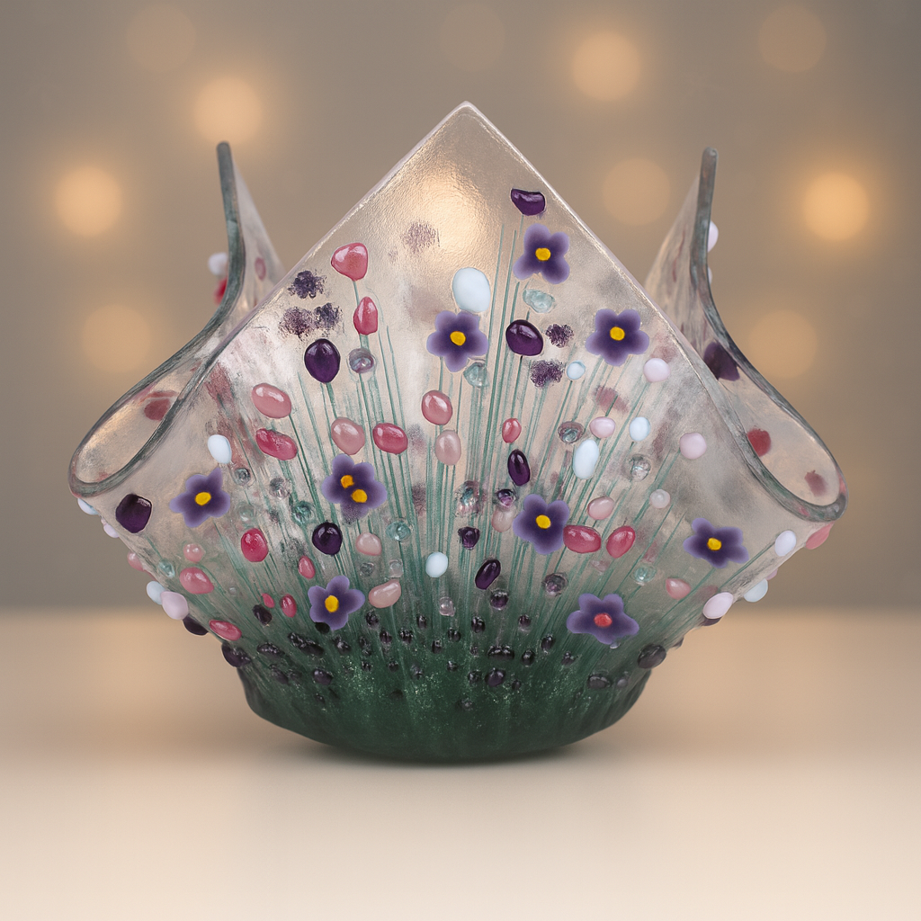 Handmade Fused Glass Small Tealight Holder – Violet Design