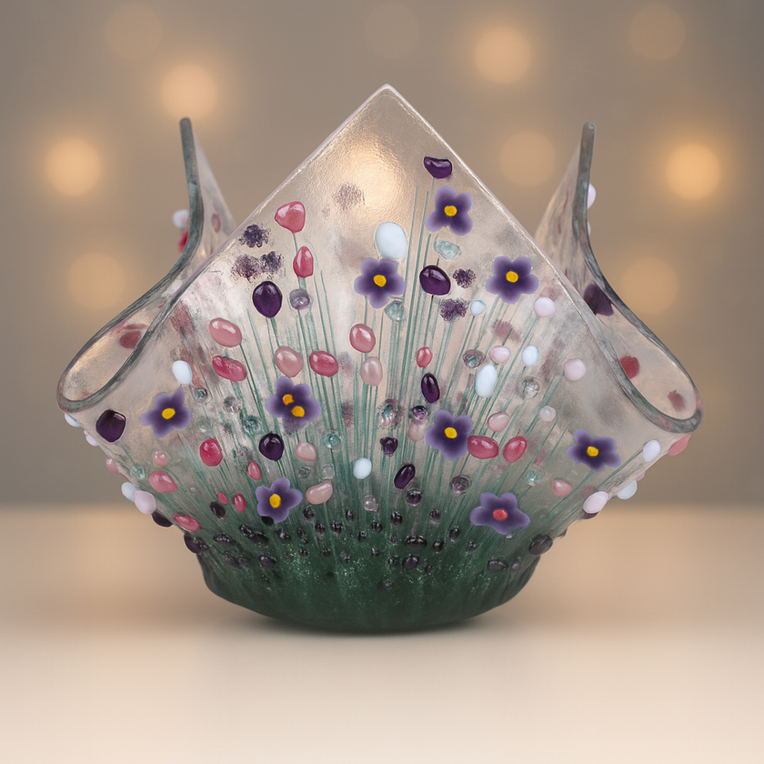 Handmade Fused Glass Small Tealight Holder – Violet Design