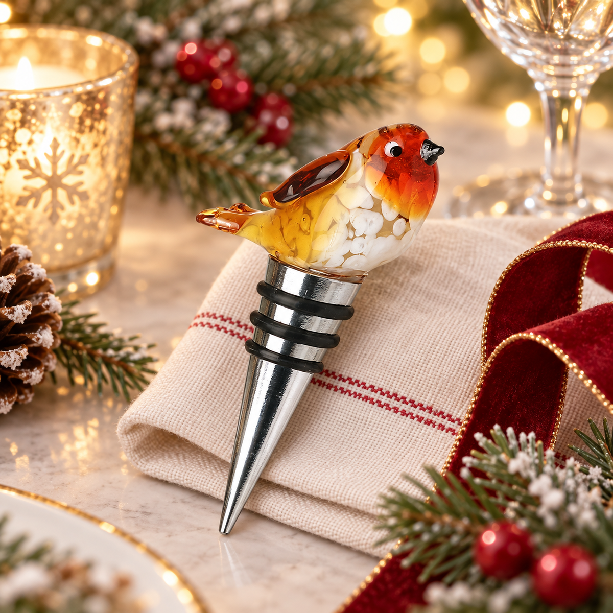 Glass Robin Bottle Stopper | Christmas Wine Bottle Topper Gift