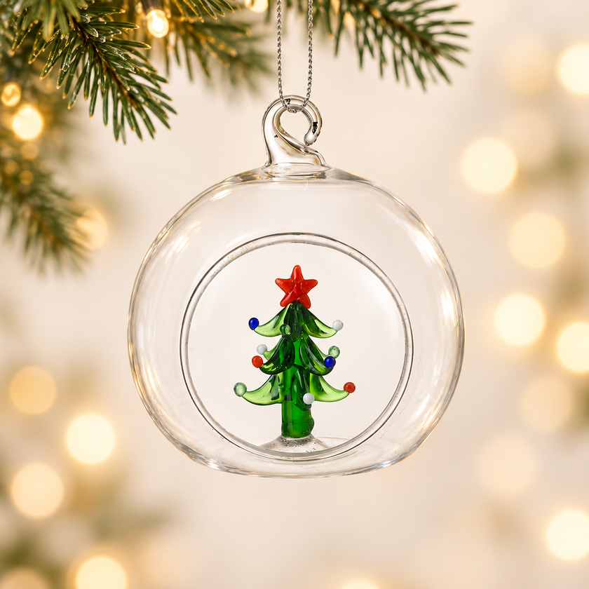Glass Bauble with Christmas Tree Design | Hanging Ornament