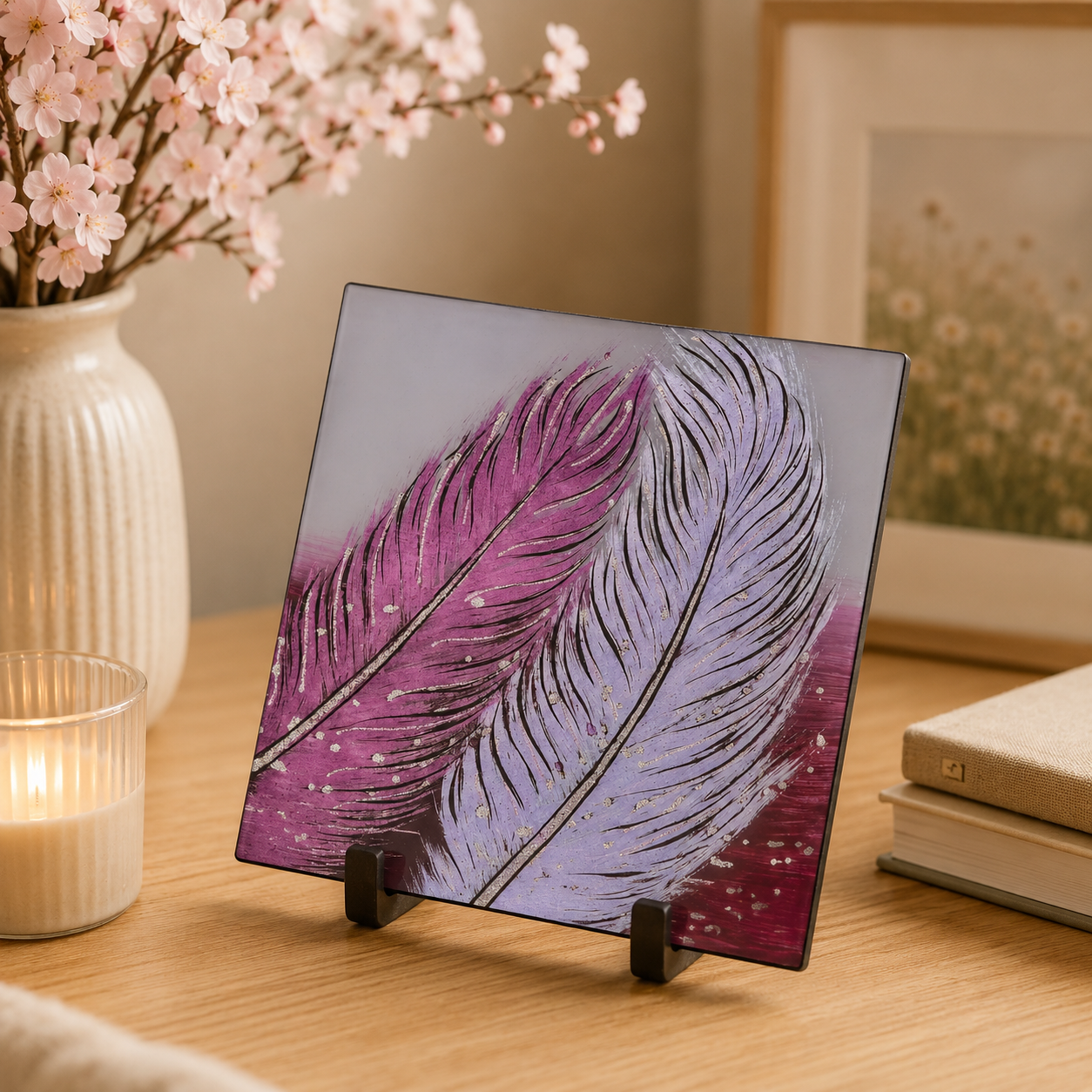 Square Glass Plate – Whispering Feather Violet (Handmade Decorative Tableware)