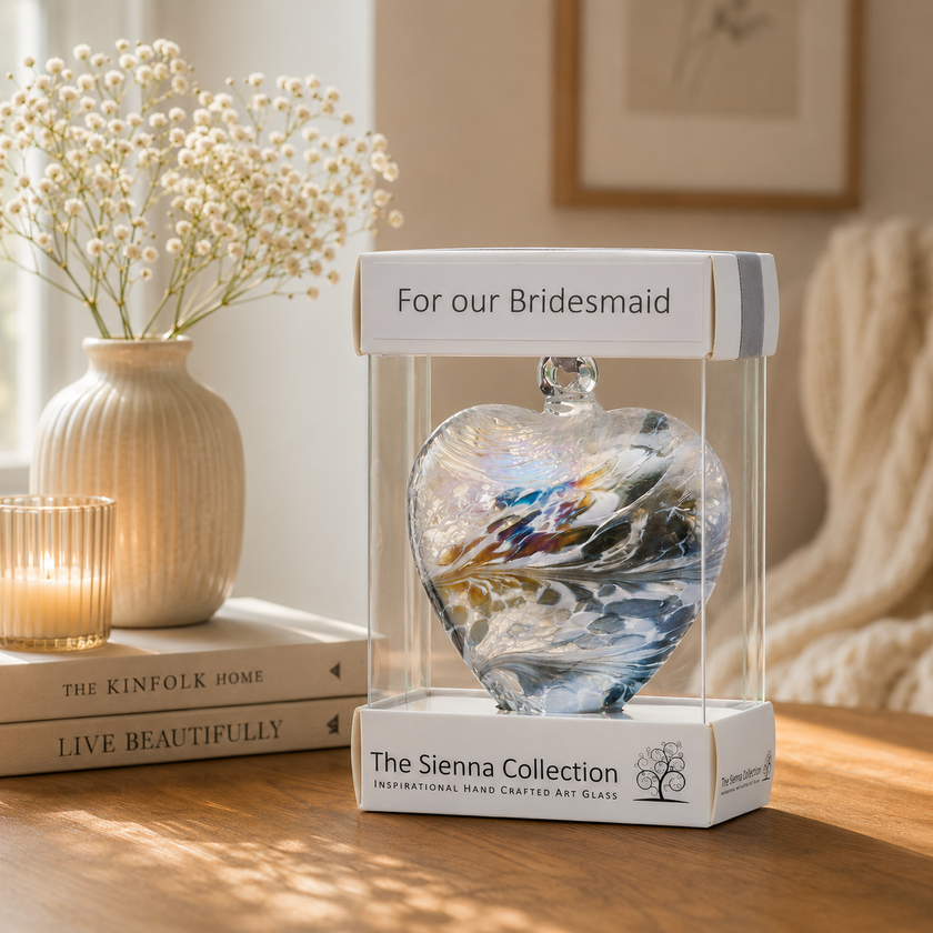 8cm Friendship Heart – For Our Bridesmaid (Pastel Silver, Handmade Glass Keepsake)