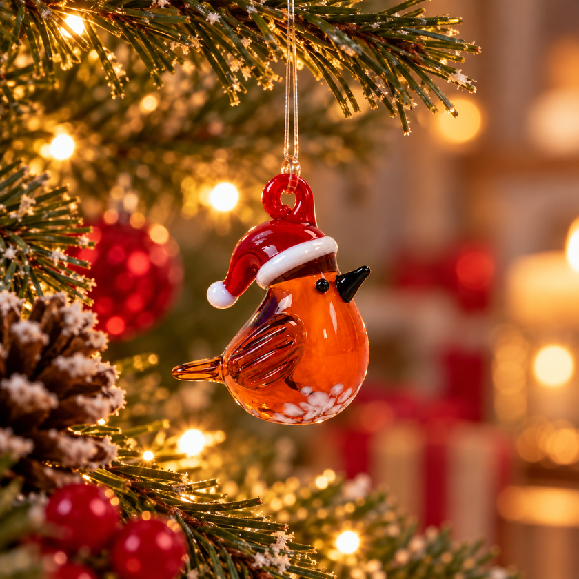 Glass Robin in Santa Hat – Christmas Miniature Ornament