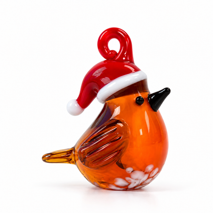 Glass Robin in Santa Hat – Christmas Miniature Ornament