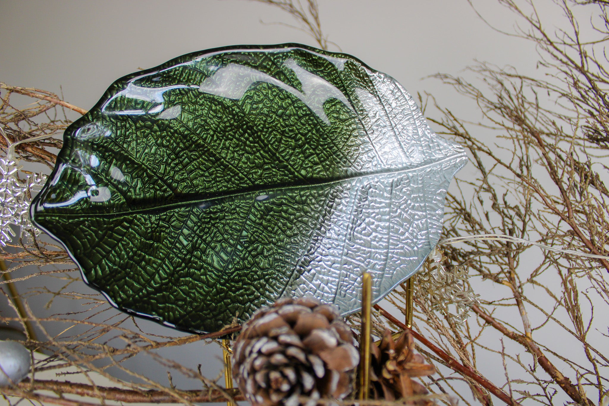 Glass Plate - Leaf Design - Green & Silver