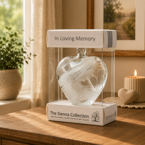 8cm Friendship Heart – In Loving Memory (White, Handmade Glass Keepsake)