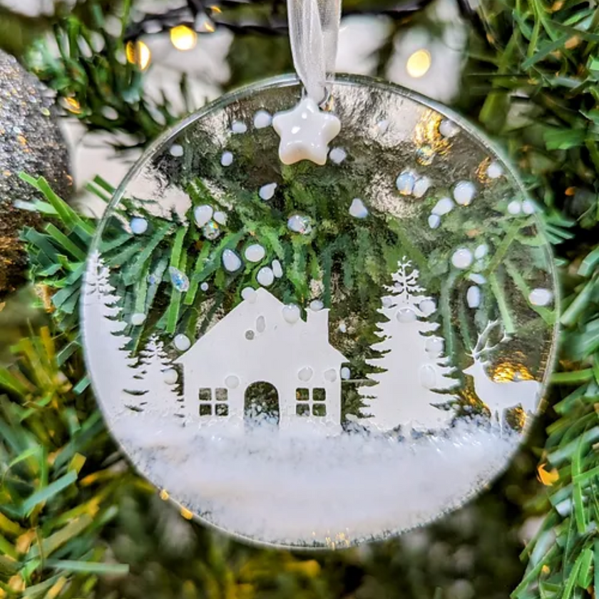 Handmade Fused Glass - Christmas Tree Ornament - Cabin in the Woods