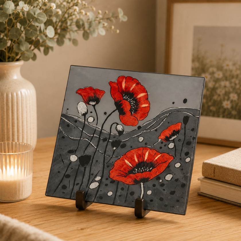 Square Glass Plate – Wild Poppy Design (Handmade Decorative Tableware)