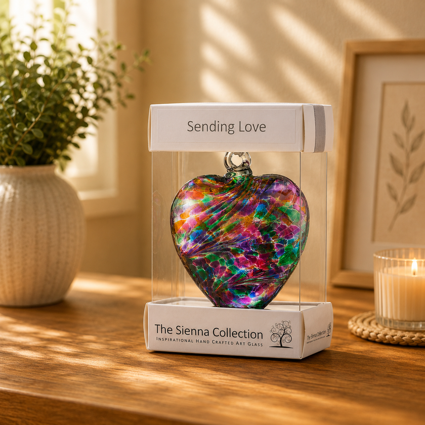 8cm Friendship Heart – Sending Love (Multicoloured Turquoise, Handmade Glass Keepsake)