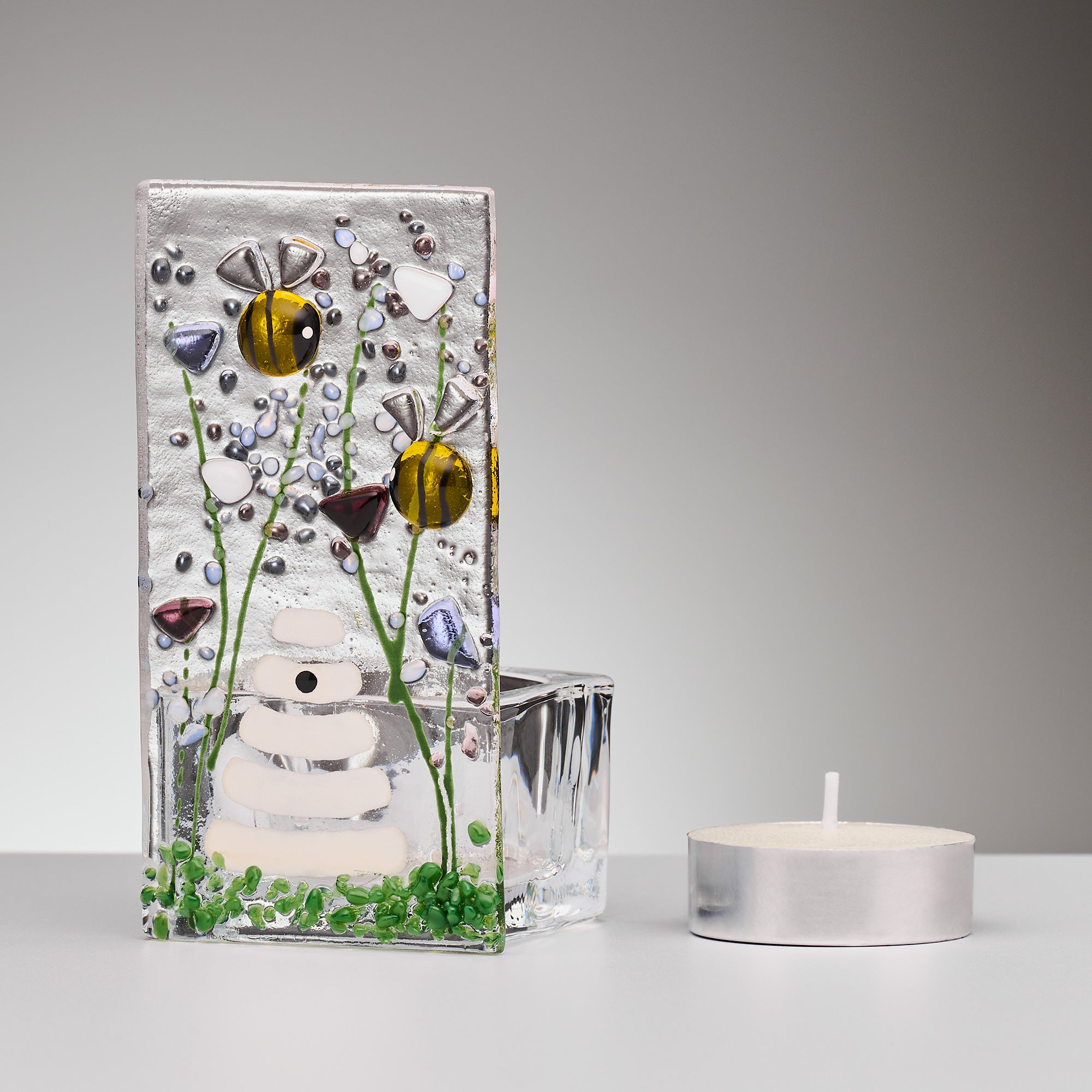 Fused Glass Tea Light Holder – Bumble Bee & Violet Flowers (Handmade)