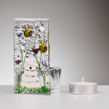 Fused Glass Tea Light Holder – Bumble Bee & Violet Flowers (Handmade)