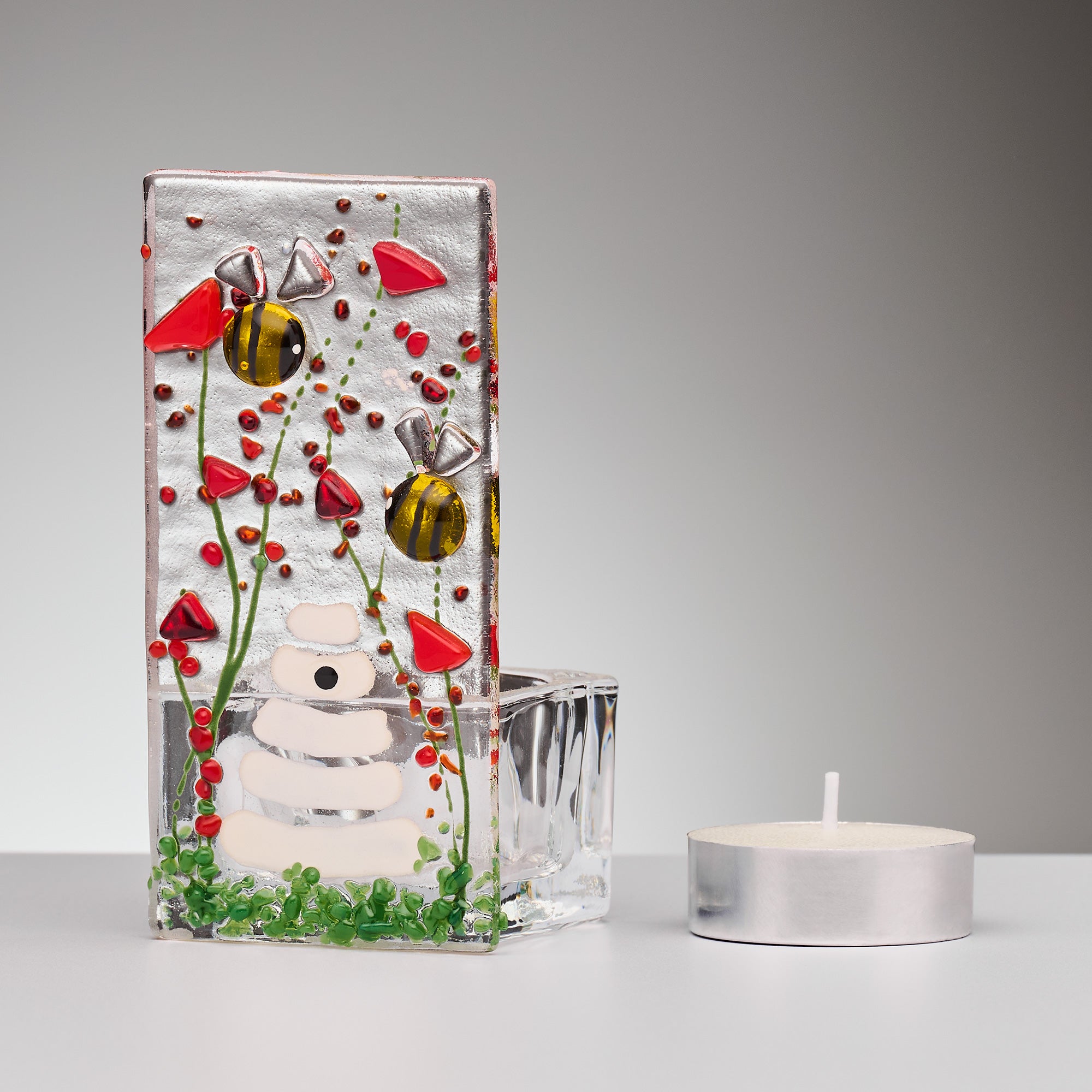 Fused Glass Tea Light Holder – Bumble Bee & Poppy Design (Handmade)
