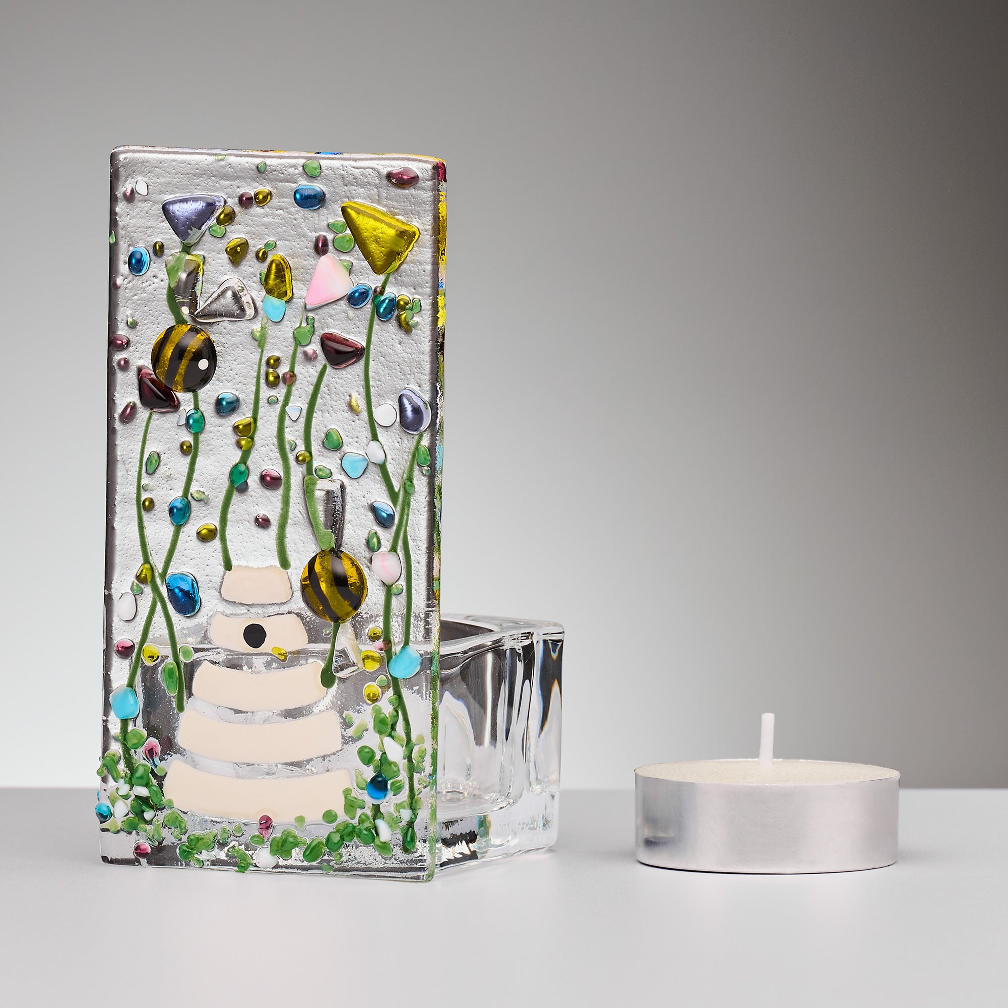 Fused Glass Tea Light Holder – Bumble Bee & Summer Meadow (Handmade)