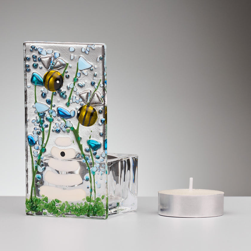 Handmade Fused Glass - Tea Light Holder - Bumble Bee - Forget Me Not