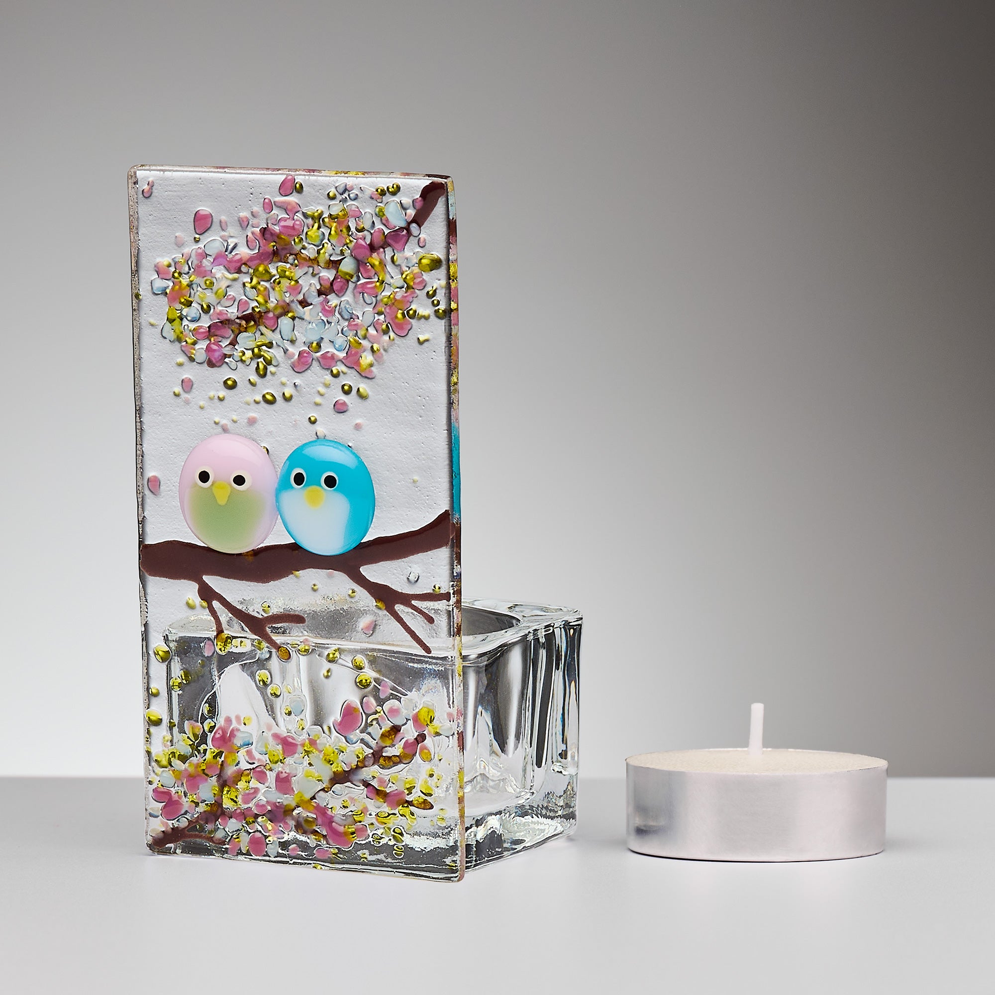 Fused Glass Tea Light Holder – Love Birds & Spring Blossom (Handmade)