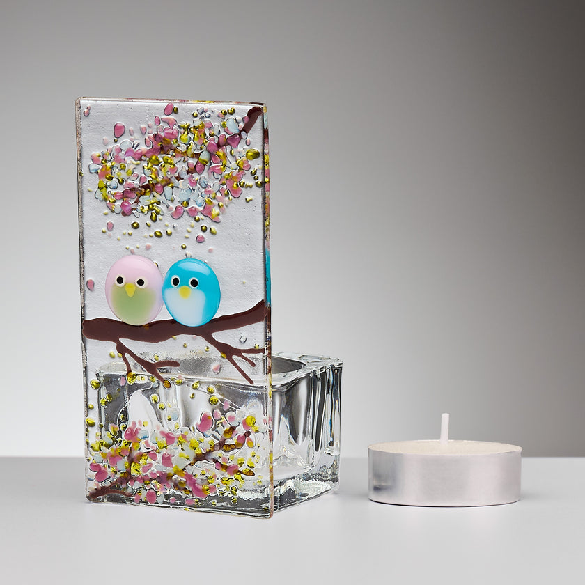 Fused Glass Tea Light Holder – Love Birds & Spring Blossom (Handmade)