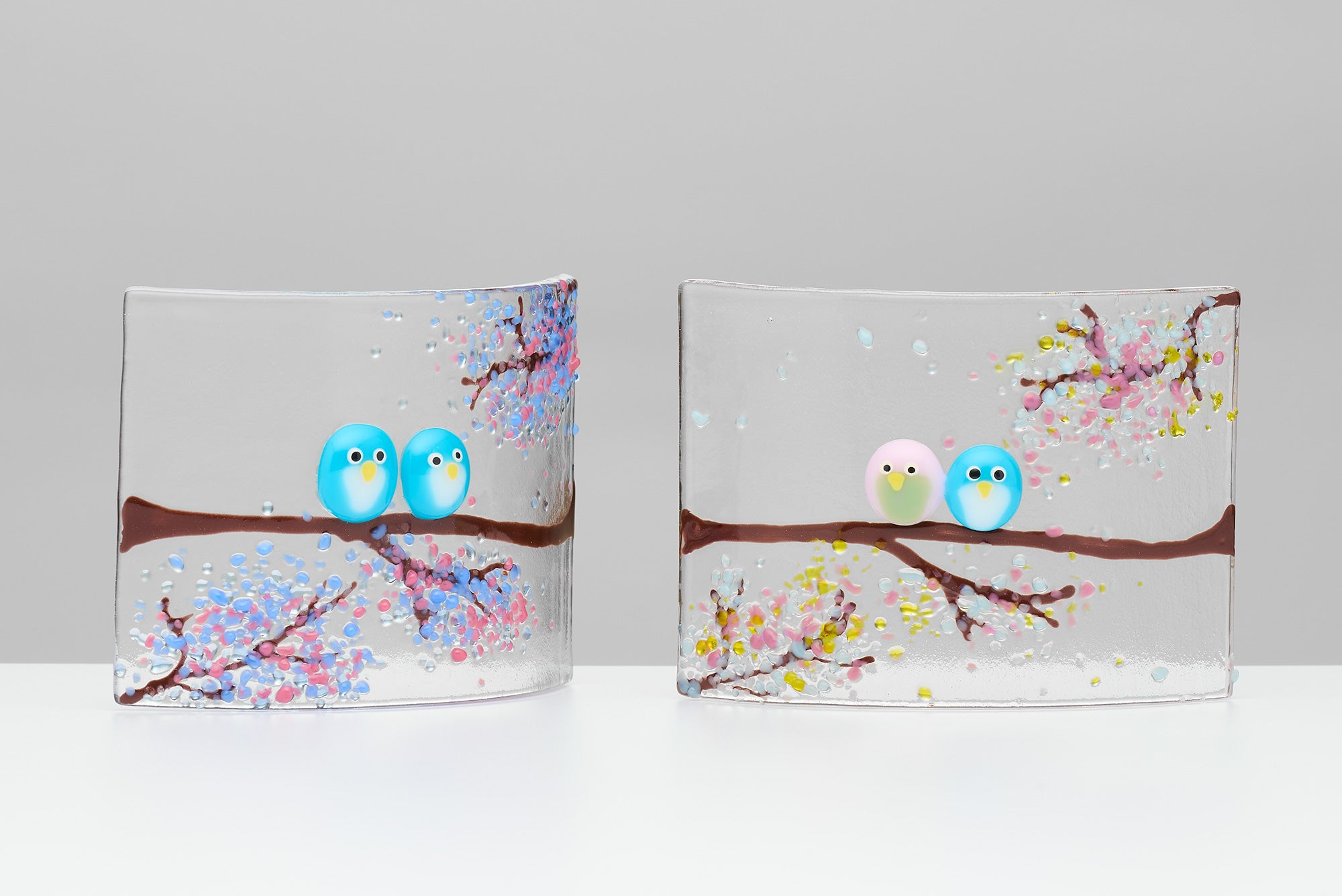 Fused Glass Curve – Love Birds in Summer Blossom (Handmade)