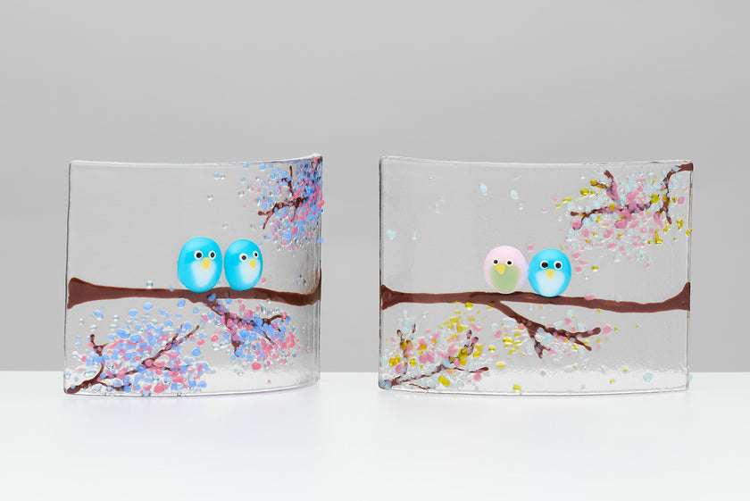 Fused Glass Curve – Love Birds in Summer Blossom (Handmade)