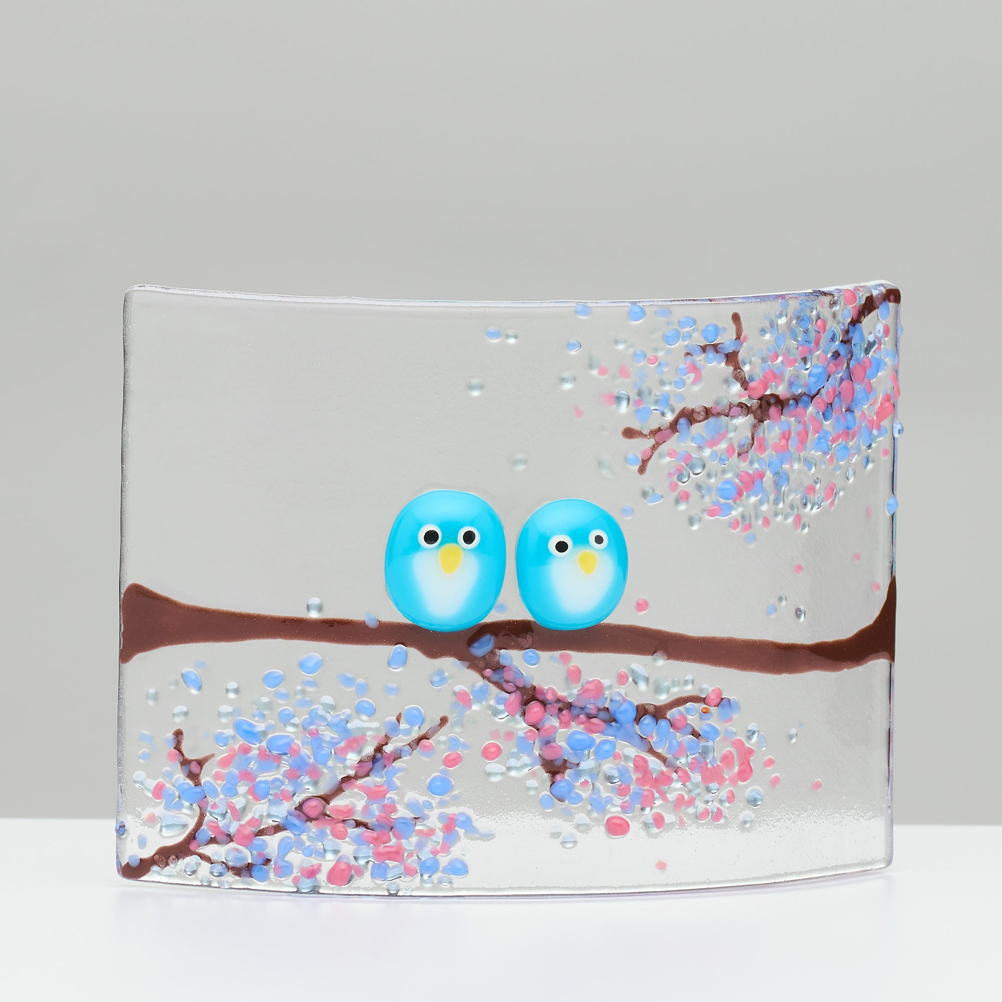 Fused Glass Curve – Love Birds in Summer Blossom (Handmade)