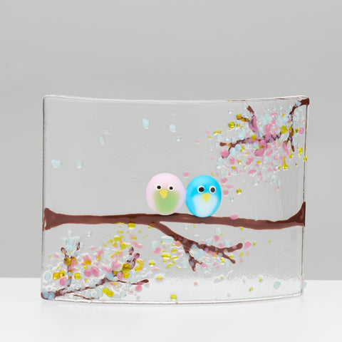 Fused Glass Curve – Love Birds in Spring Blossom (Handmade)