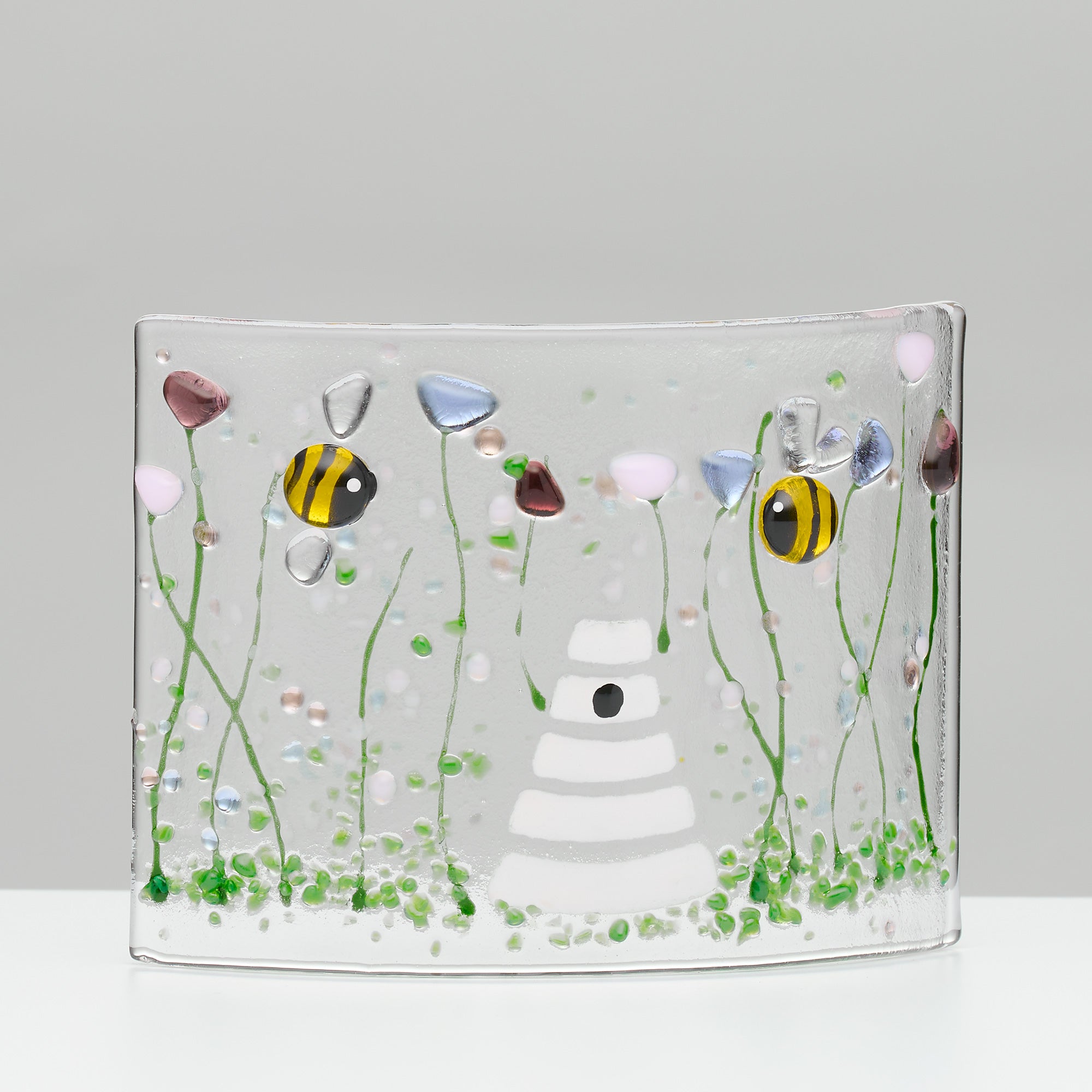 Fused Glass Curve – Bumble Bee & Violet Flowers (Handmade)