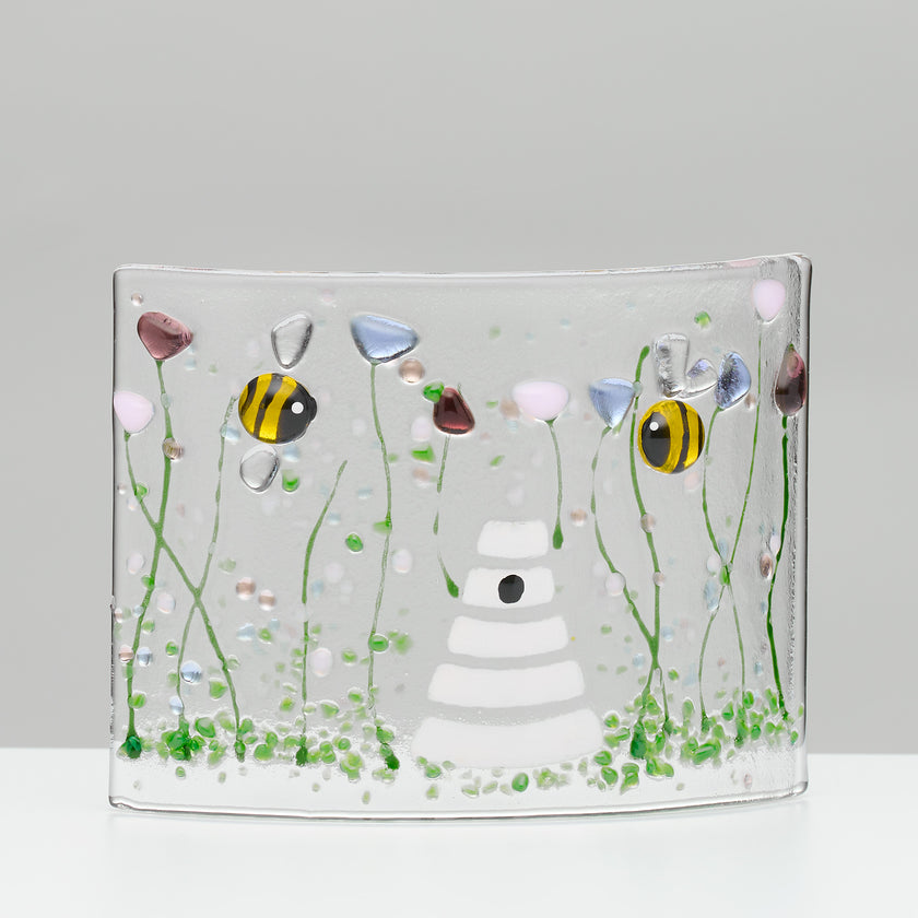 Fused Glass Curve – Bumble Bee & Violet Flowers (Handmade)