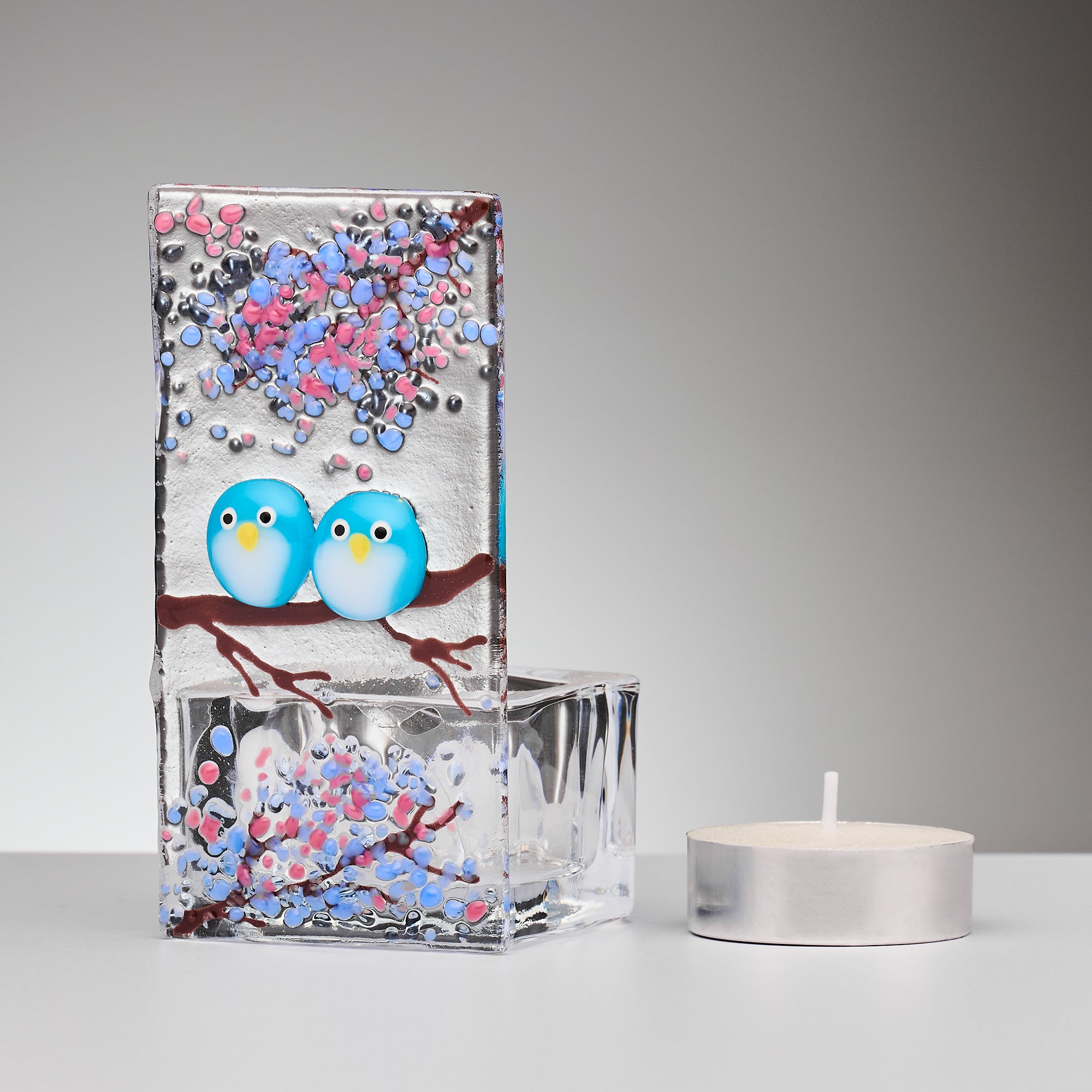 Fused Glass Tea Light Holder – Love Birds & Summer Blossom (Handmade)