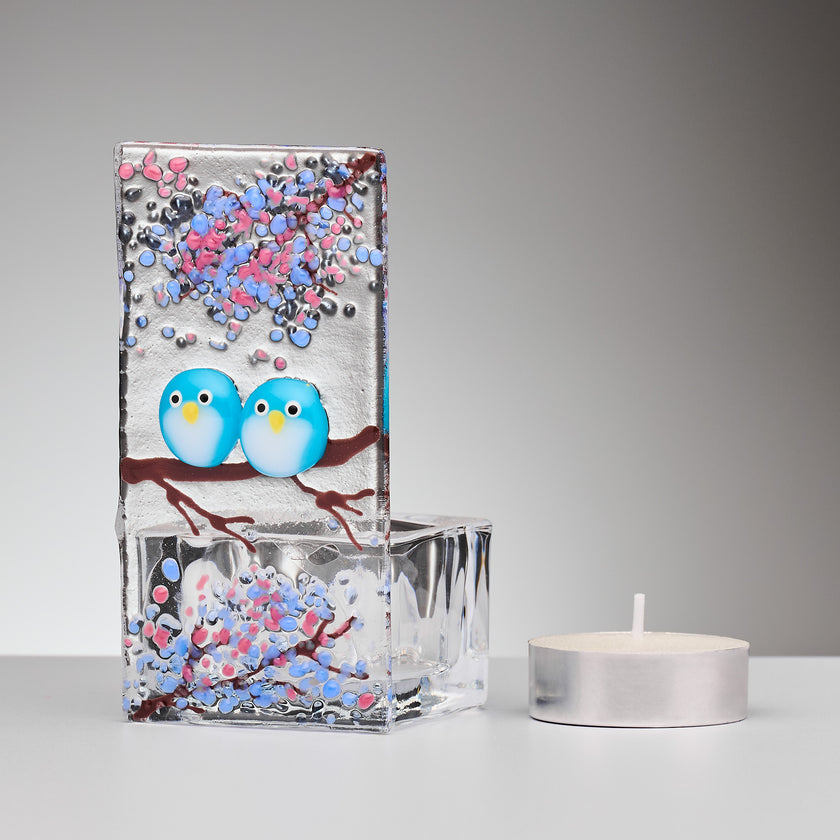 Fused Glass Tea Light Holder – Love Birds & Summer Blossom (Handmade)