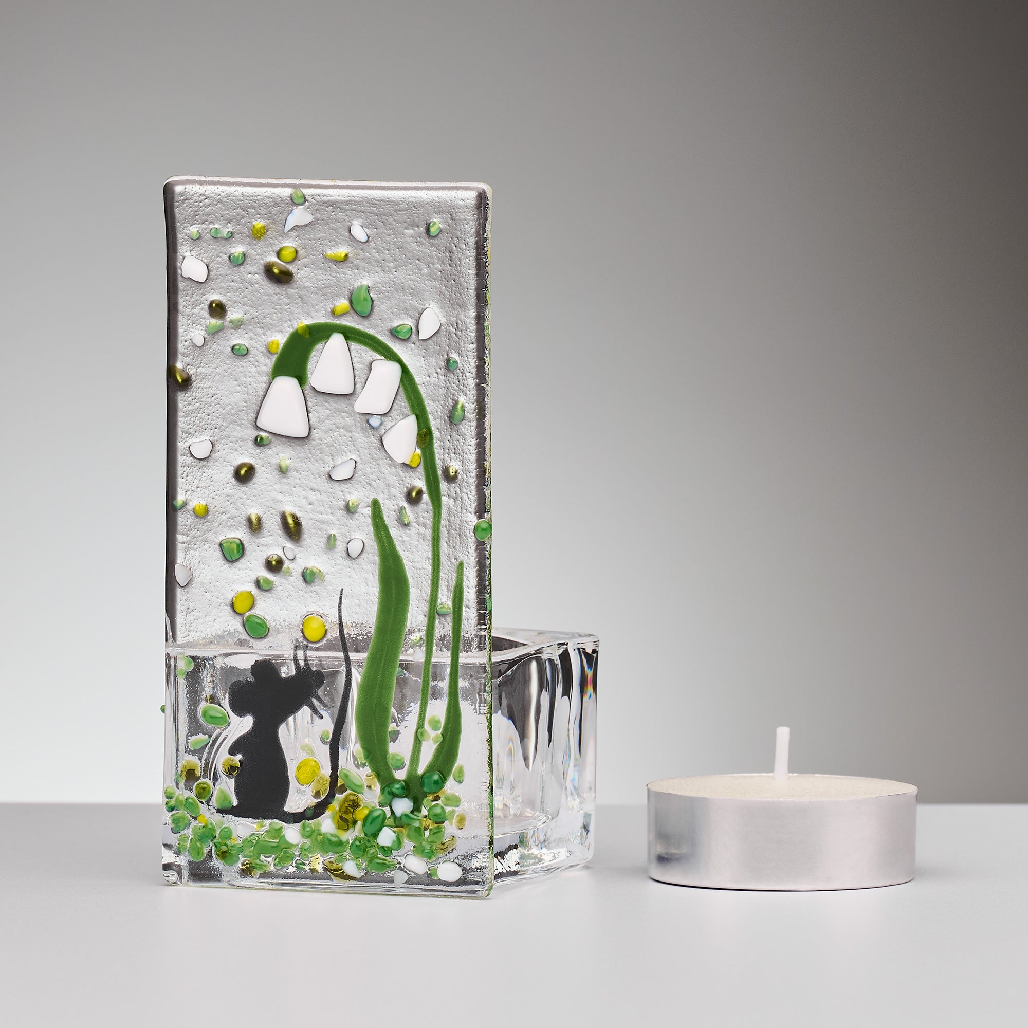 Fused Glass Tea Light Holder – Field Mouse & Snowdrop (Handmade)