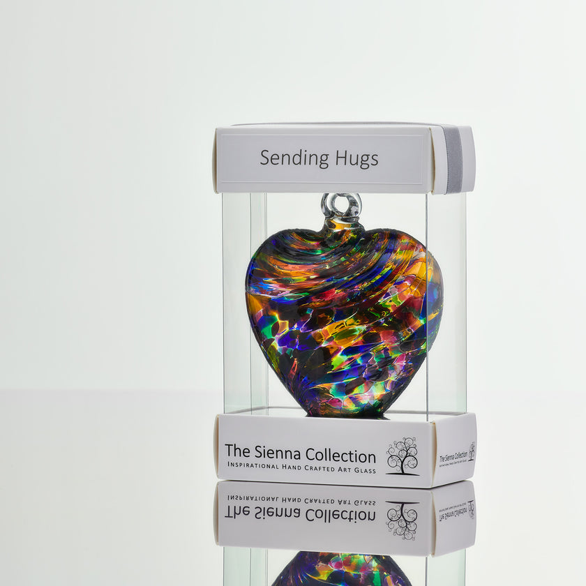 8cm Friendship Heart – Sending Hugs (Multicoloured, Handmade Glass Keepsake)