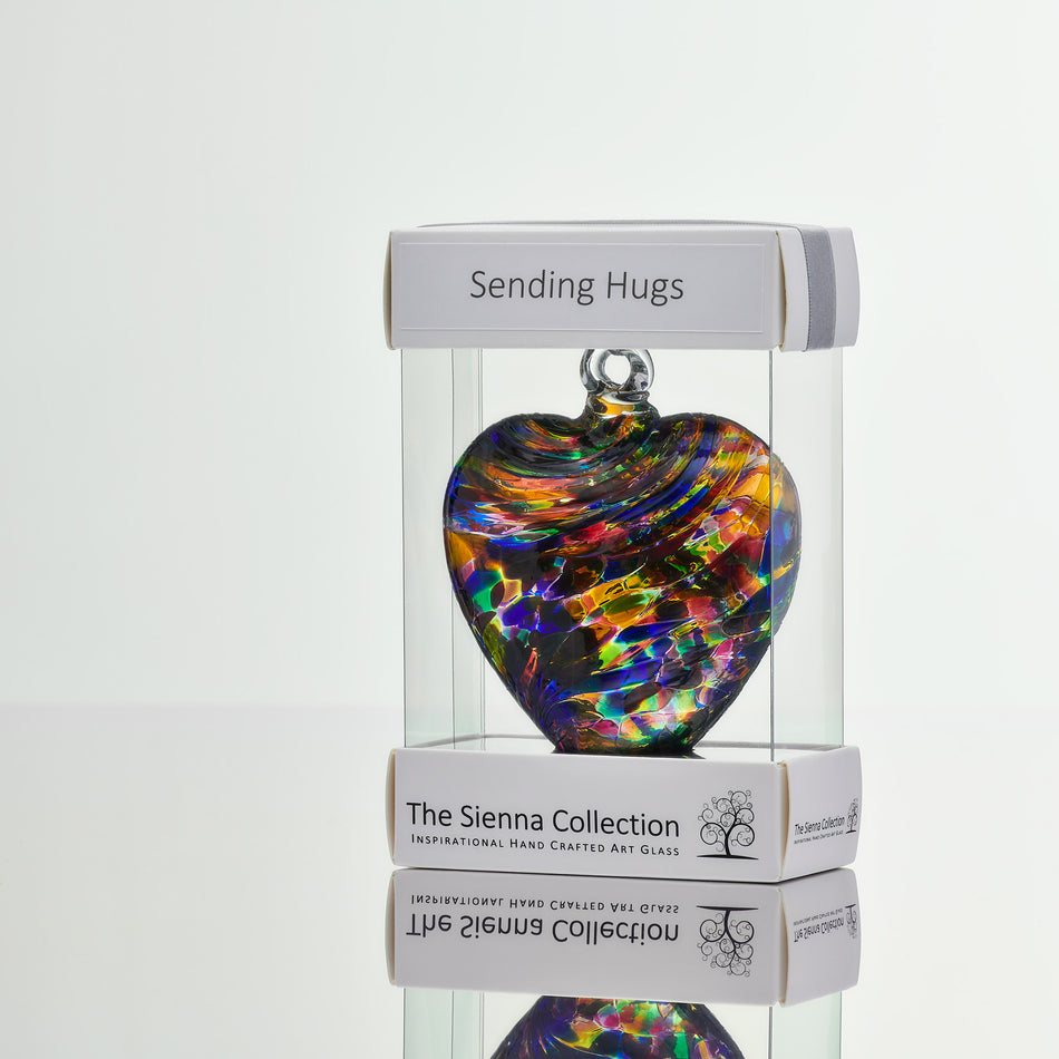 8cm Friendship Heart – Sending Hugs (Multicoloured, Handmade Glass Keepsake)