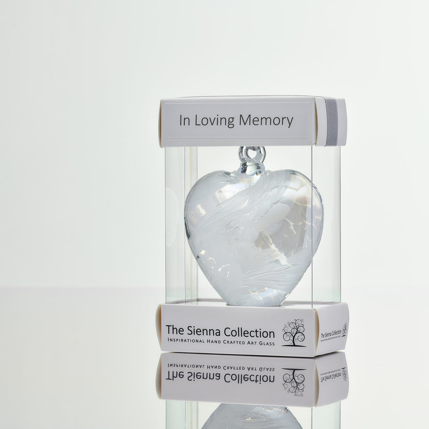 8cm Friendship Heart – In Loving Memory (White, Handmade Glass Keepsake)