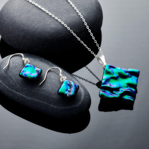 Dichroic Jewellery - Necklace and Earrings Set - Midnight Blue & Dark Green