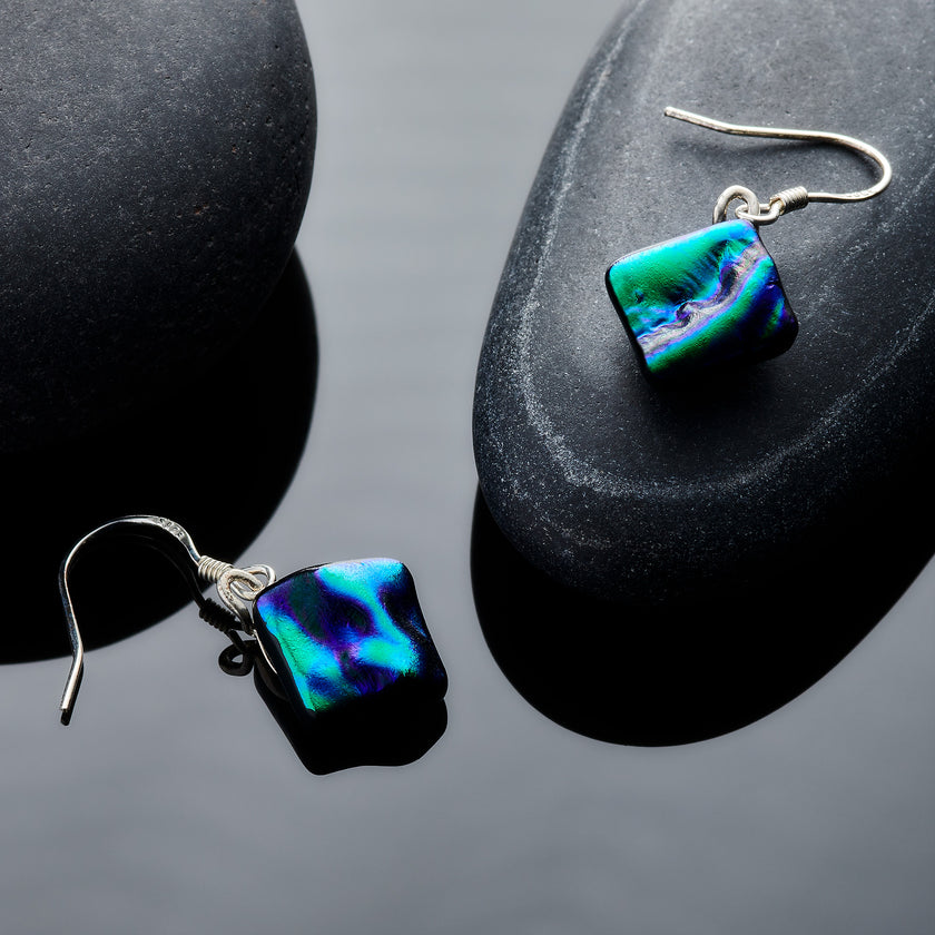Dichroic Glass Earrings – Midnight Blue & Dark Green (Handmade Jewellery)