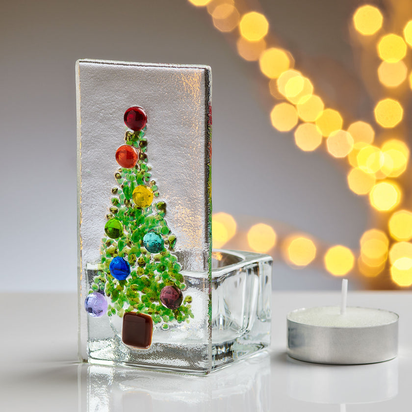 Handmade Fused Glass - Tea Light Holder - Christmas - Tree - Multi
