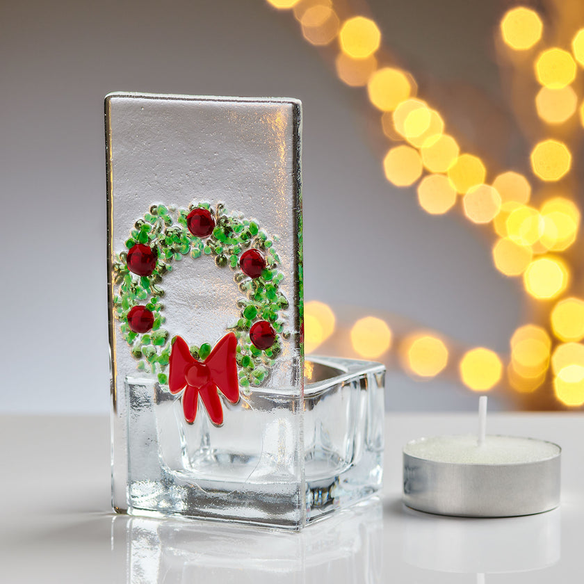 Handmade Fused Glass - Tea Light Holder - Christmas - Wreath