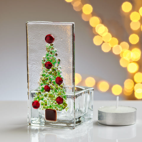 Fused Glass Tea Light Holder – Christmas Tree Red Design (Handmade)
