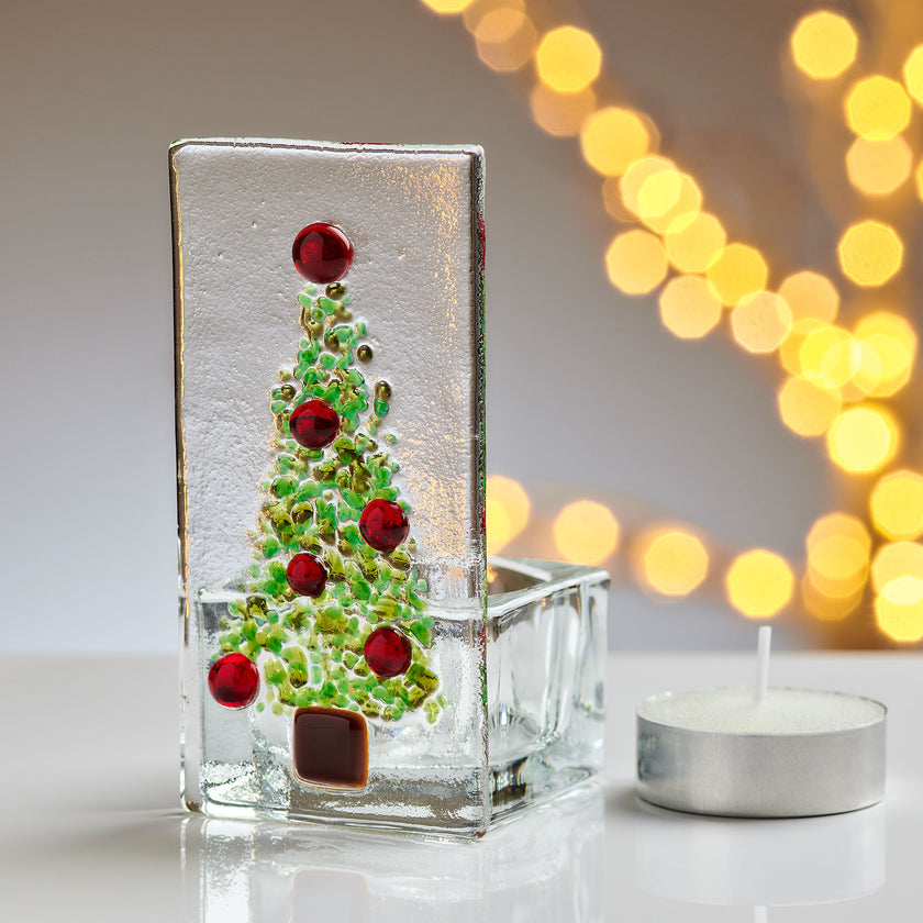 Fused Glass Tea Light Holder – Christmas Tree Red Design (Handmade)