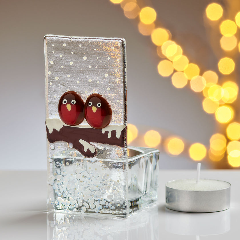 Fused Glass Tea Light Holder – Christmas Robin Design (Handmade)