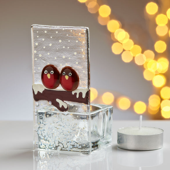 Fused Glass Tea Light Holder – Christmas Robin Design (Handmade)