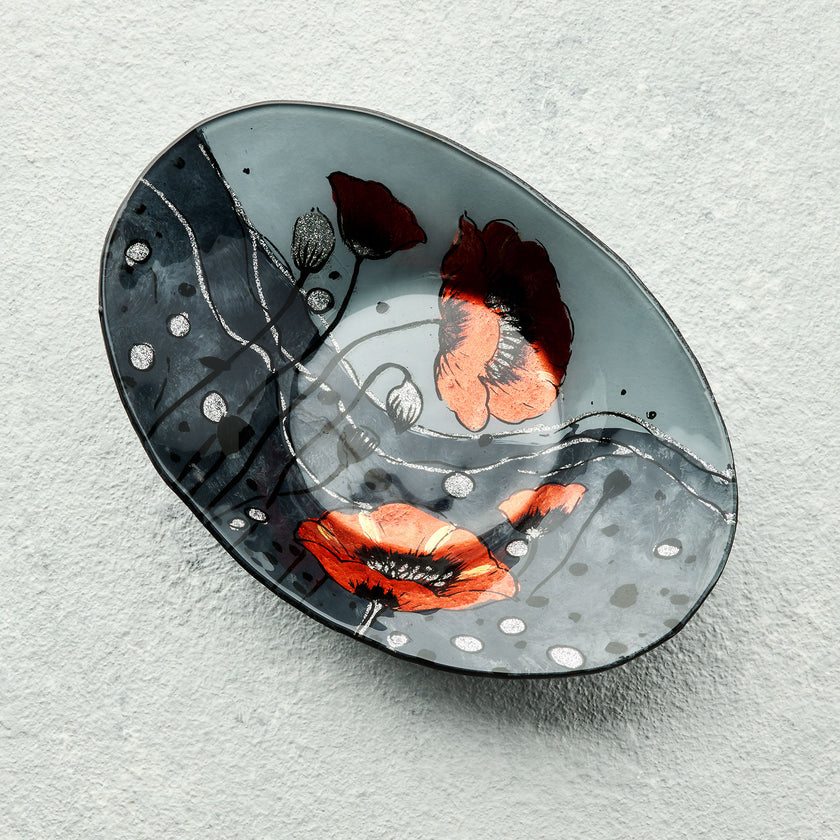 Oval Glass Bowl – Wild Poppy Design (Handmade Decorative Centrepiece)