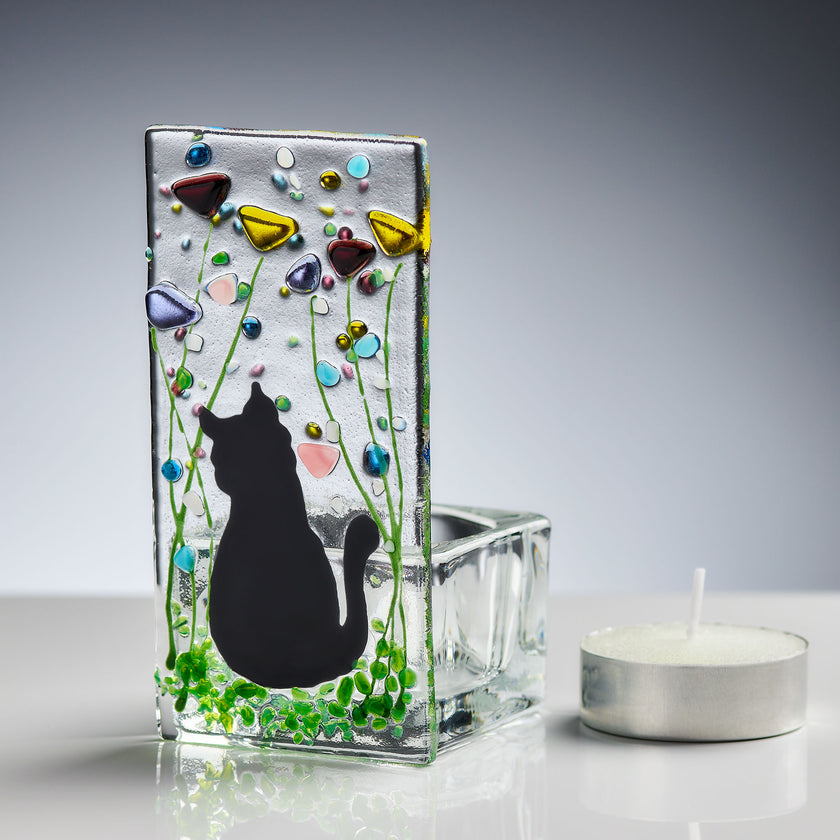 Fused Glass Tea Light Holder – Cat & Summer Meadow Design (Handmade)