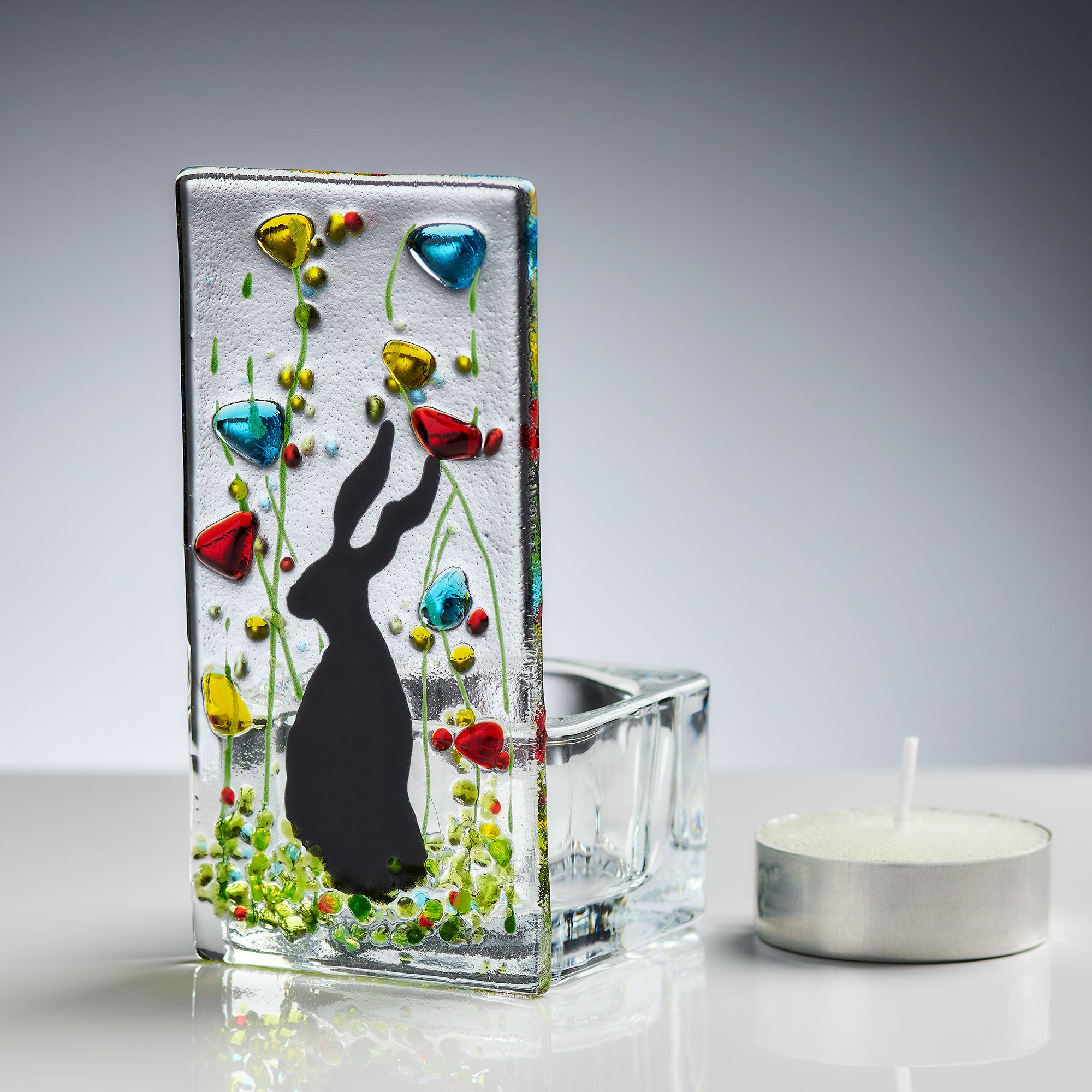 Fused Glass Tea Light Holder – Hare & Wildflower Design (Handmade)
