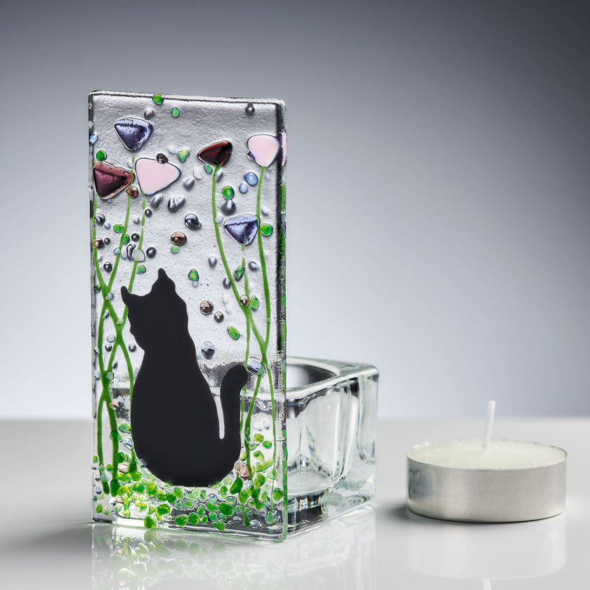 Fused Glass Tea Light Holder – Cat & Violet Design (Handmade)