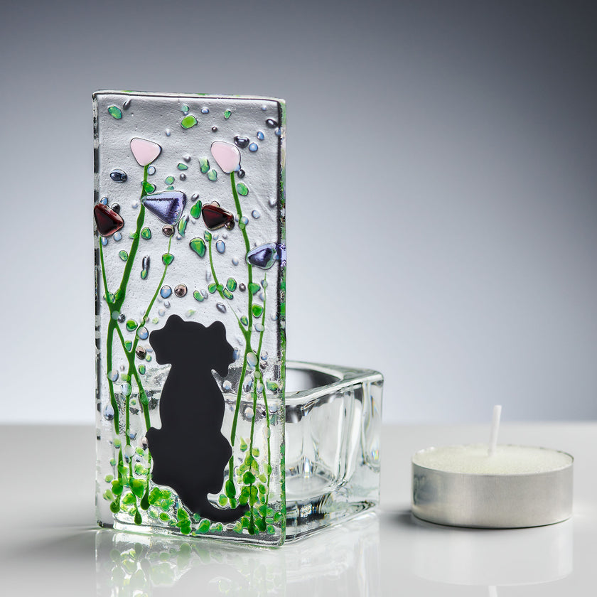 Fused Glass Tea Light Holder – Dog & Violet Design (Handmade)