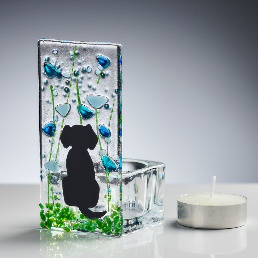 Fused Glass Tea Light Holder – Dog & Forget Me Not Design (Handmade)